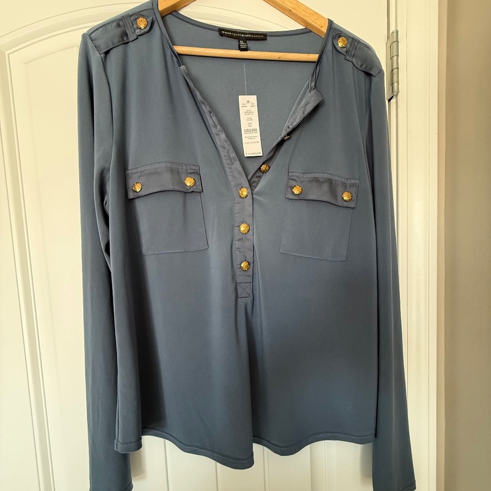 White House Black Market Blue Blouse Gold-Colored Buttons Long Sleeve Sz XL NWT - Picture 2 of 11